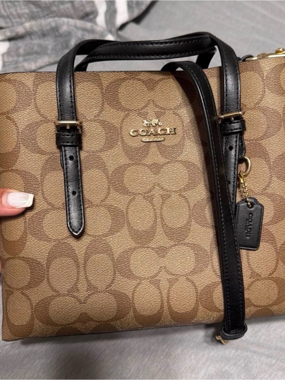 Coach Tan Signature Canvas Shoulder Bag with Black Leather Trim